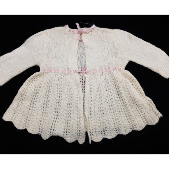 vintage wool baby cardigan sweaters creme with pink ribbon headband 3-9 months!! - Picture 1 of 9